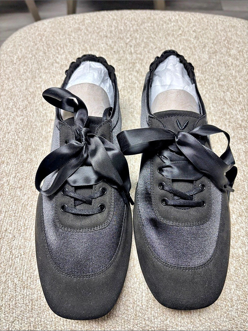 Vivaia Cristina Square-Toe Lace-Up Satin Sneakerina Satin Ribbon Sneakers Black